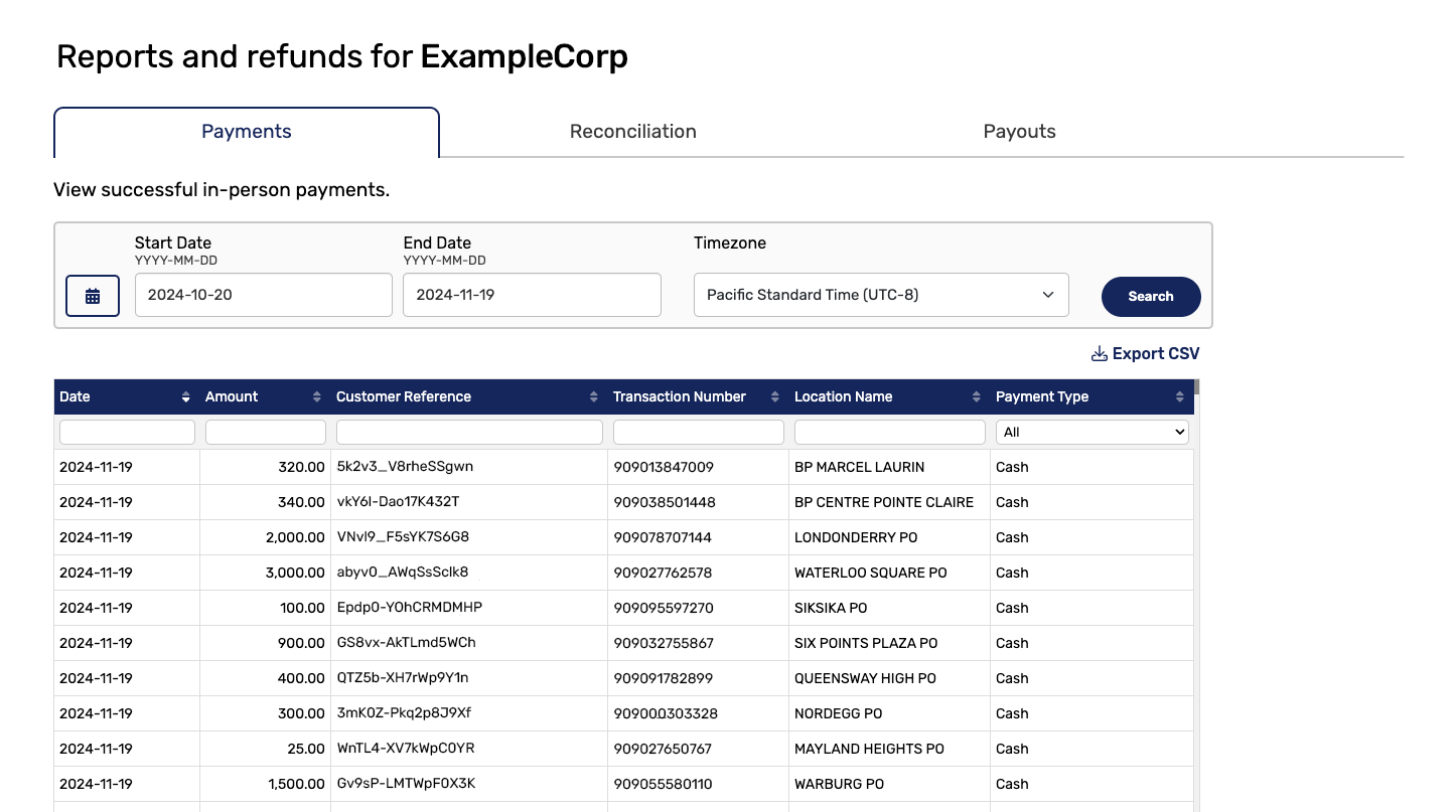PSI Partner Portal - payments report page