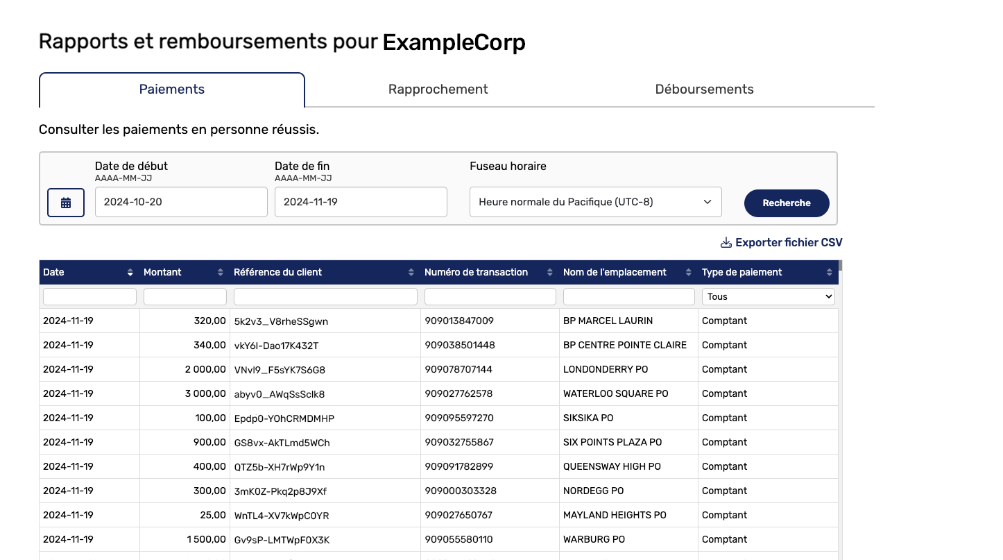 Portail des partenaires PSI : page de rapport des paiements