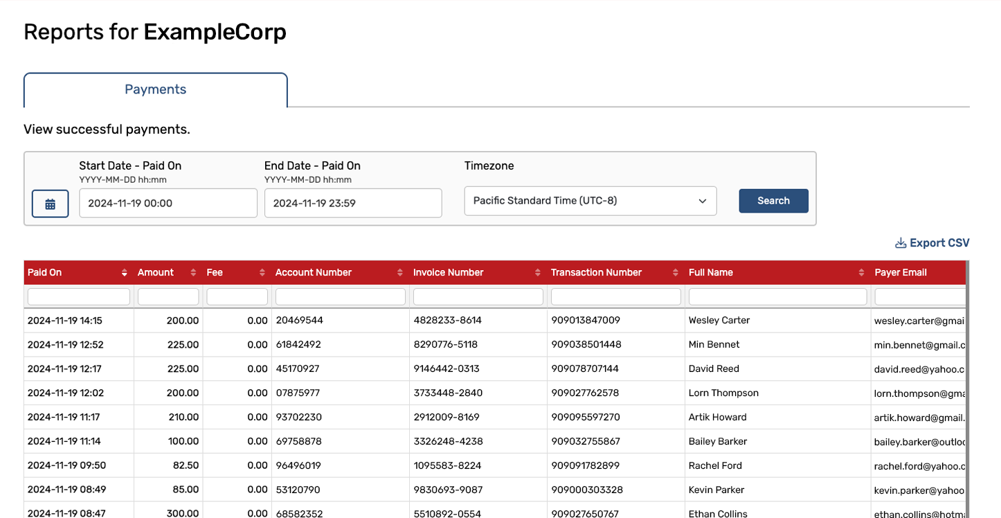 PaySimply Partner Portal - payments report page