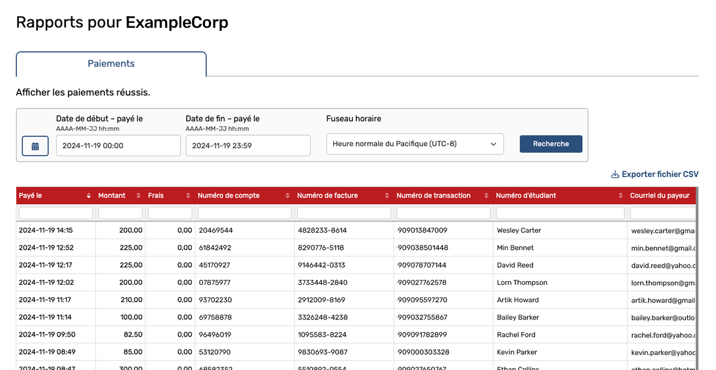 Portail des partenaires PaySimply : page de rapport des paiements