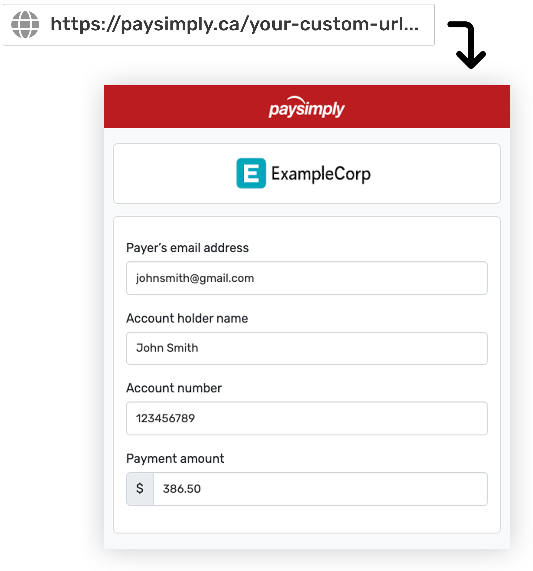 Smart Payment Link example - URL bar with a Smart Payment Link and arriving on PaySimply with pre-filled information