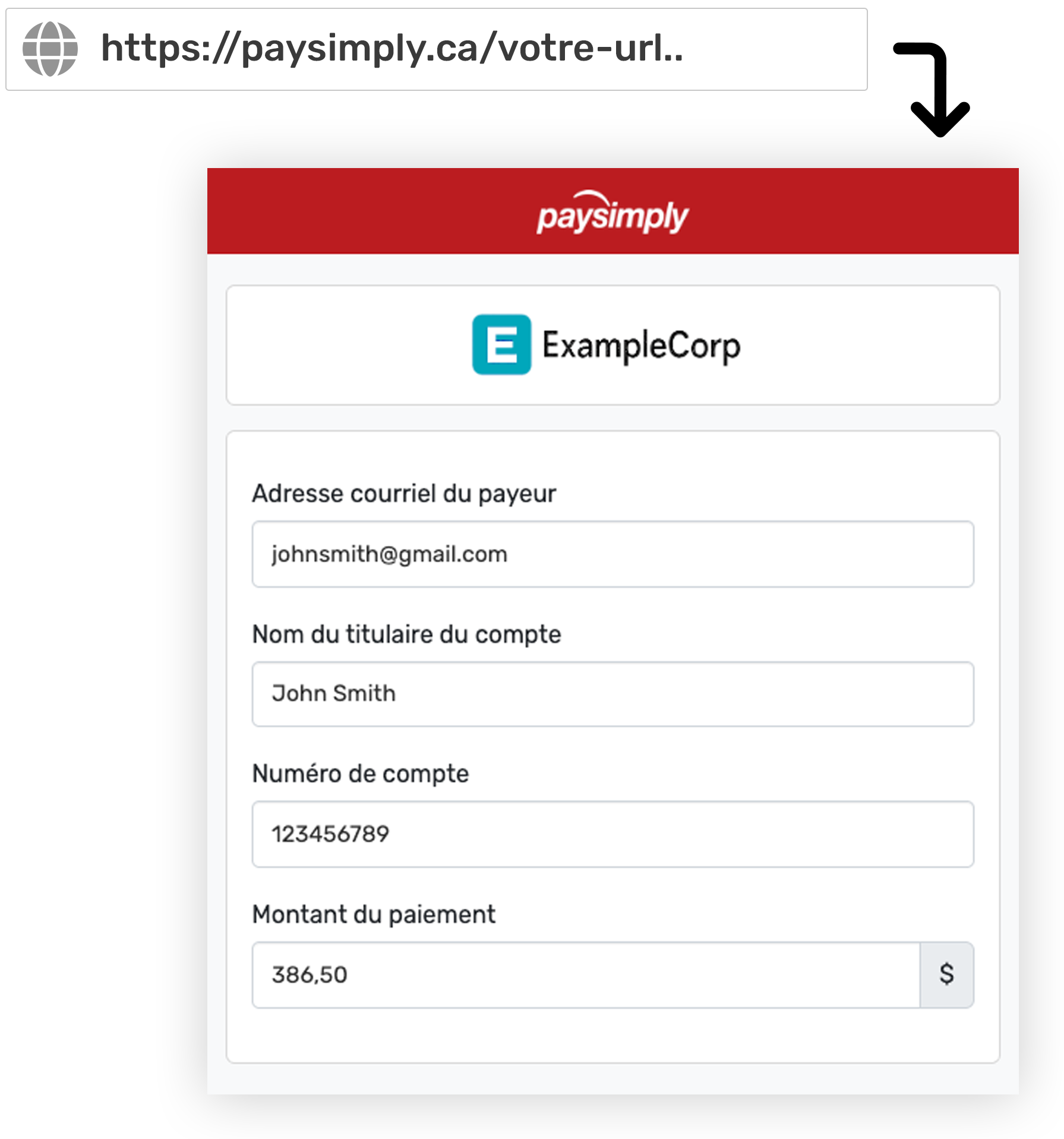 Exemple de lien de paiement intelligent : une barre d'adresse avec un lien de paiement intelligent qui arrive sur PaySimply avec des coordonnées préremplies